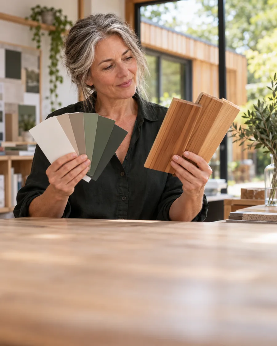 A designer holding colour swatches and cedar cladding samples