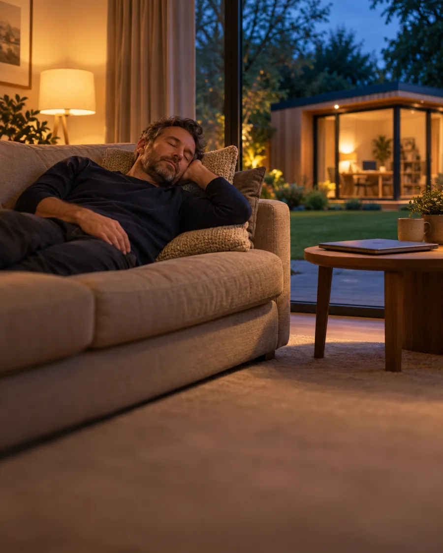 A man resting at dusk while his garden room glows outside