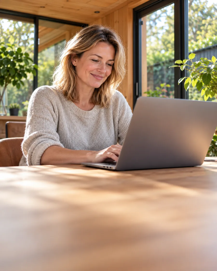 A business owner smiling at her laptop in a bright cedar office