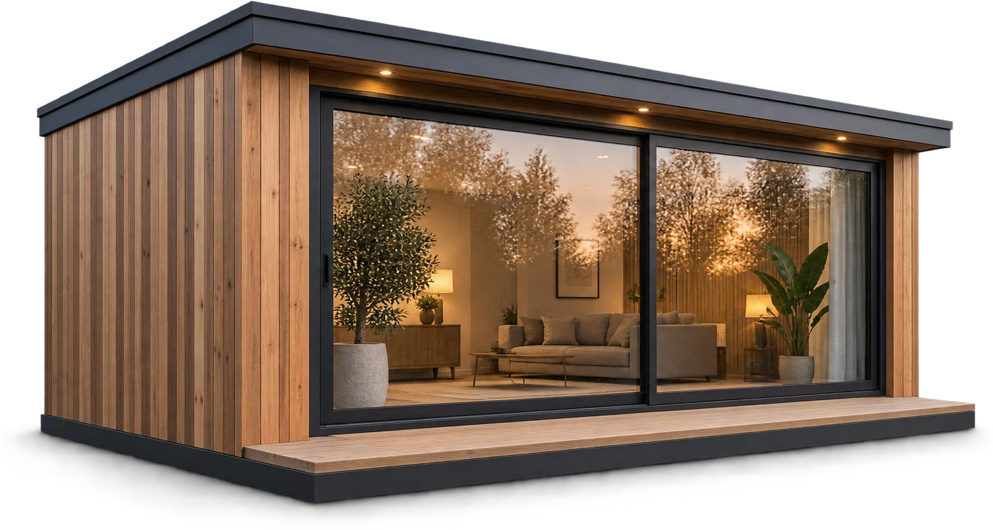 A contemporary cedar and glass garden room on a dark plinth